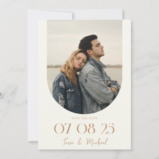 Modern Boho Arch Photo Ivory Tan Wedding Save The Date (Front)