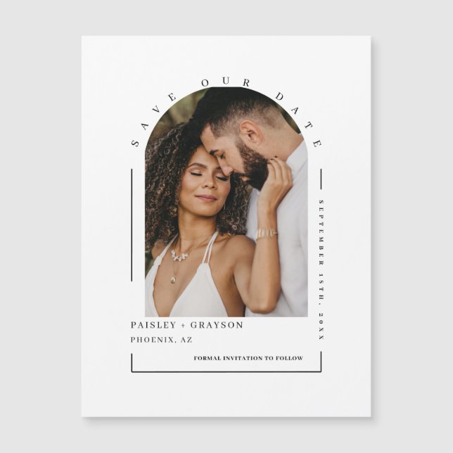 Modern Boho Arch Photo Save Our Date Magnetic Card (Front)
