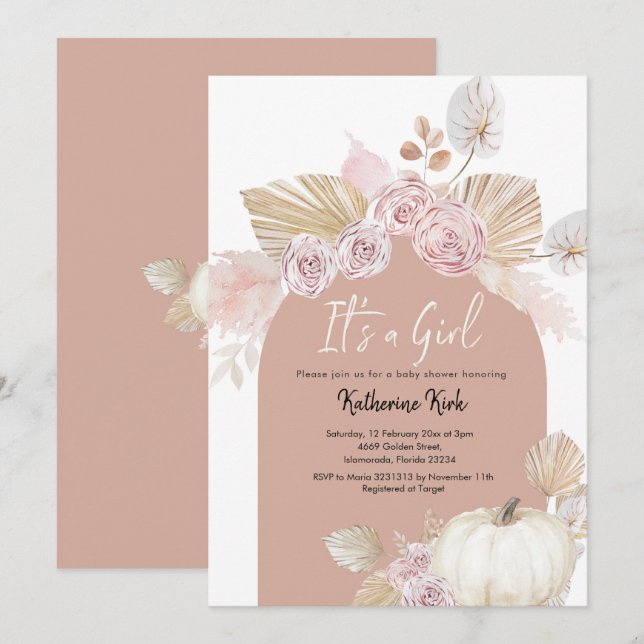 Modern Boho Arch Pumpkin It's a Girl Baby Shower Invitation (Front/Back)