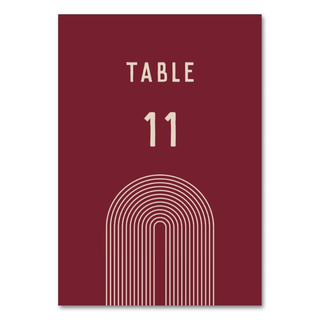 Modern Boho Arch Red Beige Typography Wedding Table Number (Front)