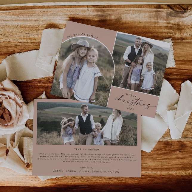 Modern Boho Arch Salmon 3 Family Photos Christmas Holiday Card (Creator Uploaded)