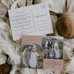 Modern Boho Arch Salmon 3 Family Photos Christmas Holiday Postcard