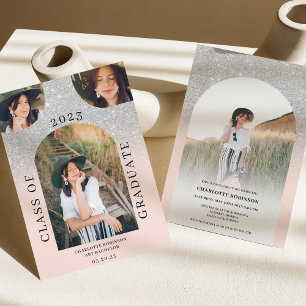 Modern boho arch silver pink 4 photo graduation invitation
