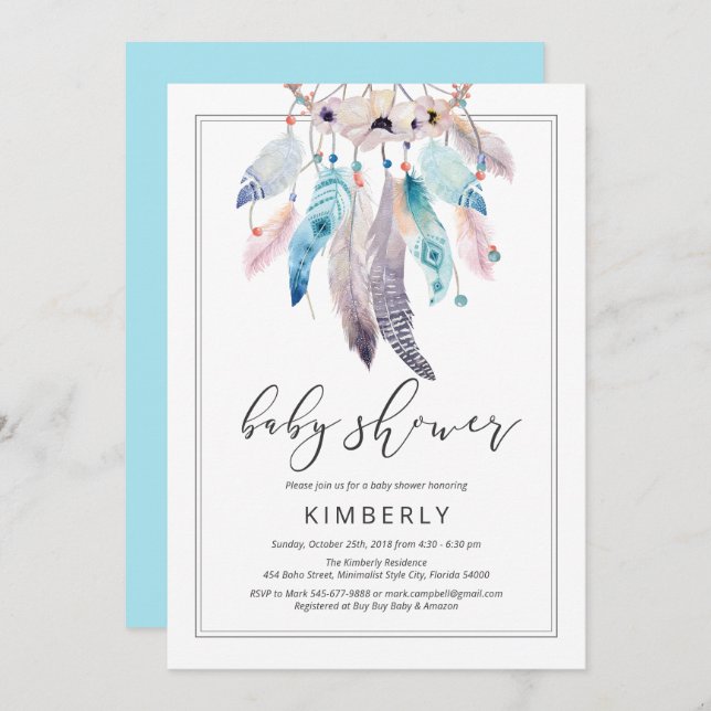 Modern Boho Baby Shower Dreamcatcher Floral Tribal Invitation (Front/Back)