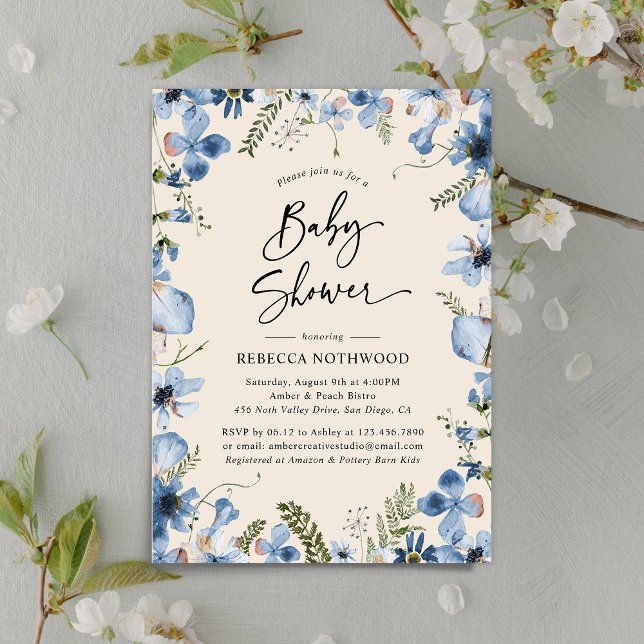 Modern Boho Beige Dusty Blue Boy Baby Shower Invitation (Creator Uploaded)