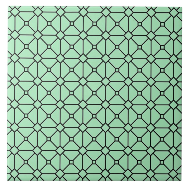 Modern Boho Black and Green Pattern Rhombus Ceramic Tile (Front)