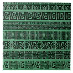 Modern Boho Black and Green Pattern Strips Ceramic Tile
