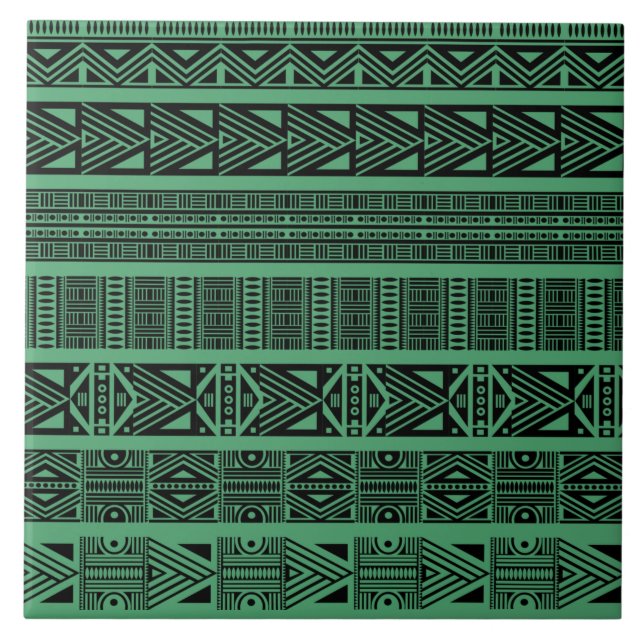 Modern Boho Black and Green Pattern Strips Ceramic Tile (Front)