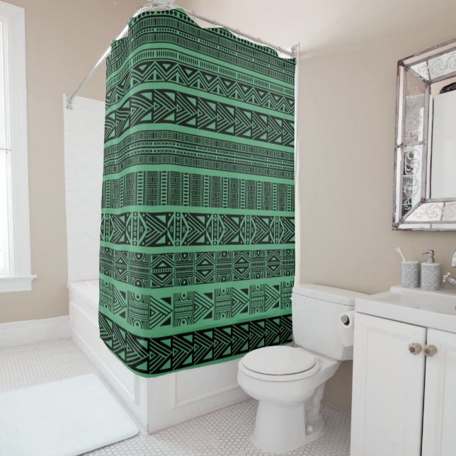 Modern Boho Black and Green Pattern Strips Shower Curtain (In Situ)
