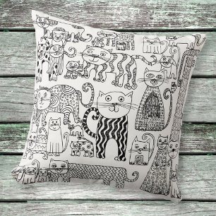 Modern Boho Black and White Cats Pattern Cushion