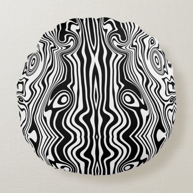 Modern Boho Black and White Pattern Strips Animal Round Cushion (Front)
