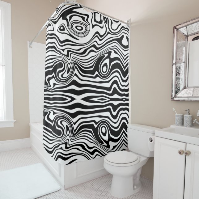Modern Boho Black and White Pattern Strips Animal Shower Curtain (In Situ)