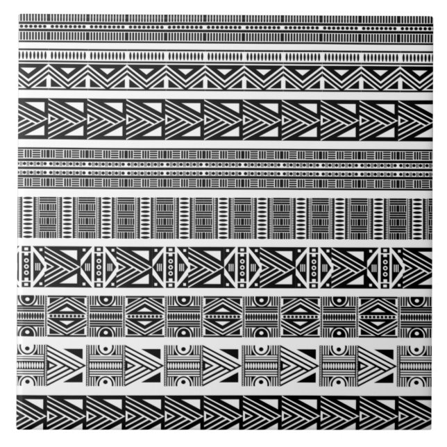 Modern Boho Black and White Pattern Strips Ceramic Ceramic Tile (Front)