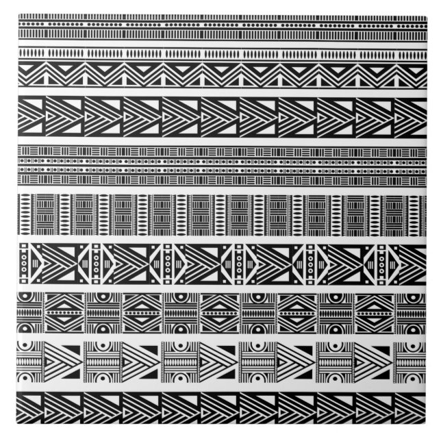 Modern Boho Black and White Pattern Strips Ceramic Tile (Front)