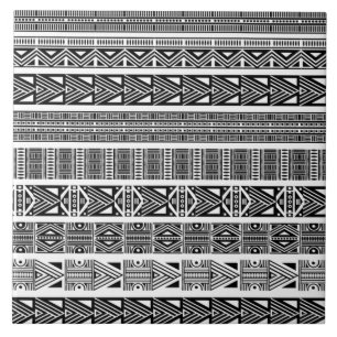Modern Boho Black and White Pattern Strips Ceramic Tile