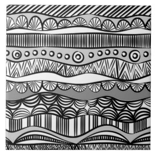 Modern Boho Black and White Pattern Strips Doodles Ceramic Tile