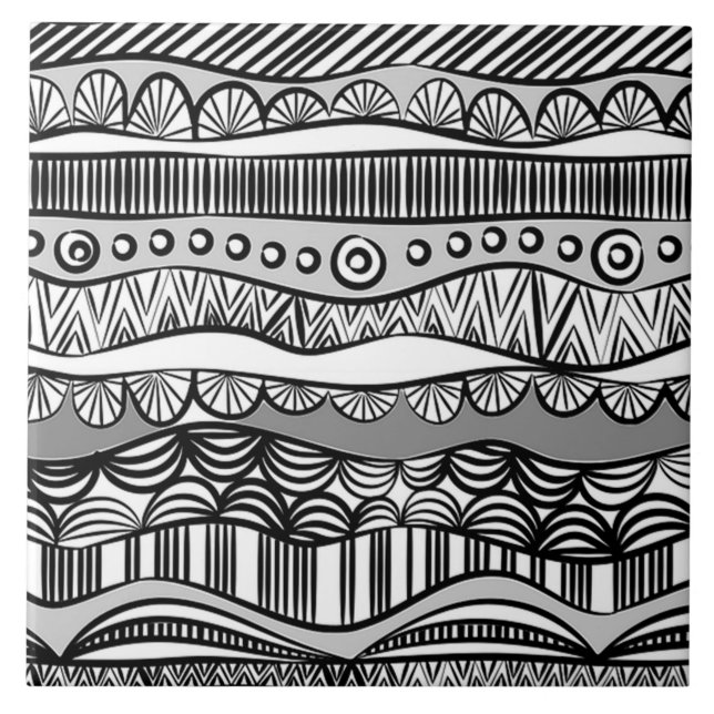 Modern Boho Black and White Pattern Strips Doodles Ceramic Tile (Front)
