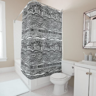 Modern Boho Black and White Pattern Strips Doodles Shower Curtain