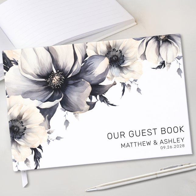 Modern Boho Black White Floral Wedding Guest Book (Elegant Modern Boho Floral Black White Wedding Guest Book)