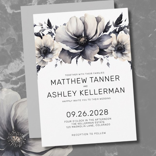 Modern Boho Black White Floral Wedding Invitation (Unique Boho Black White Watercolor Floral Wedding Invitation)