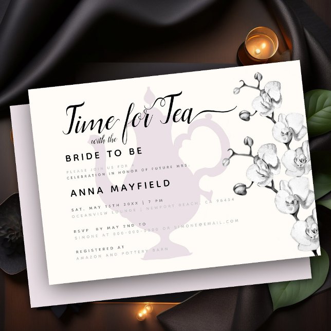 Modern Boho Black White Orchid Time for Tea Bridal Invitation (Creator Uploaded)