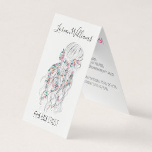 Modern Boho Black White Wavy Hair Style Floral  Business Card