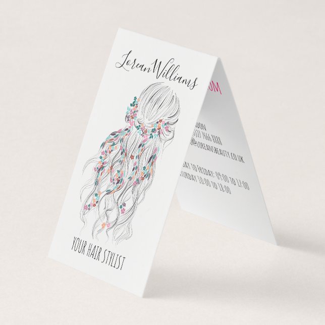 Modern Boho Black White Wavy Hair Style Floral Business Card (Front)