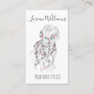 Modern Boho Black White Wavy Hair Style Floral QR Business Card