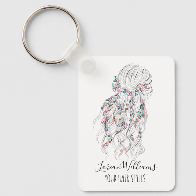 Modern Boho Black White Wavy Hair Style Floral QR Key Ring (Front)