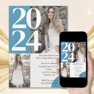 Modern Boho Blue 2 Photo Graduation Invitation