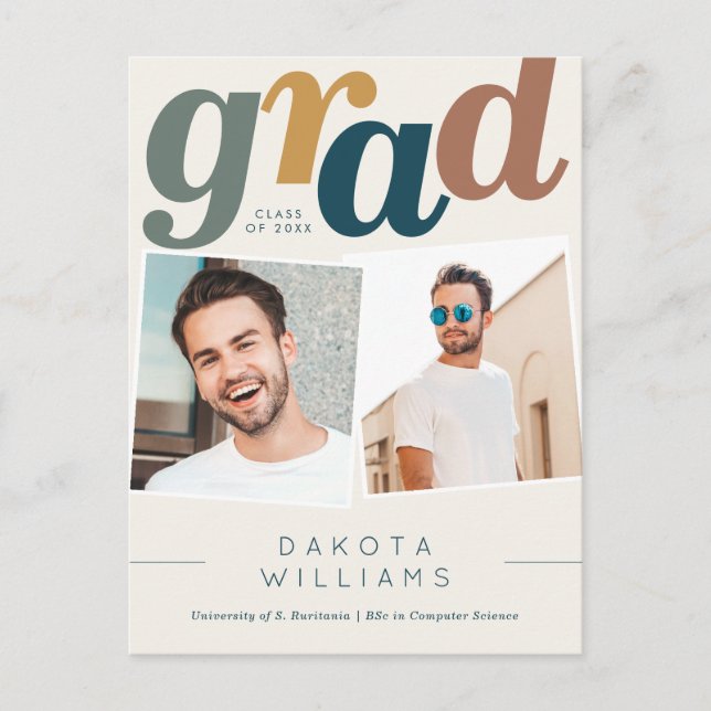 Modern Boho Blue & Beige Grad Photo Graduation Postcard (Front)