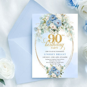 Modern Boho Blue Floral Gold 90th Birthday Invite