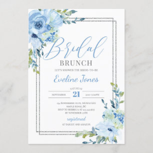 Modern Boho blue floral silver frame Bridal brunch Invitation