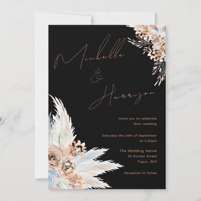 Modern Boho Blue Floral Wedding Invitation (Front)
