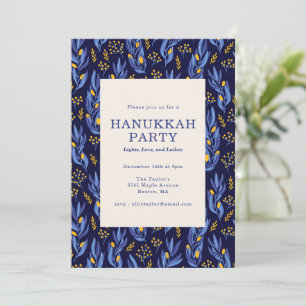 Modern Boho Blue Gold Floral Hanukkah Party Invitation