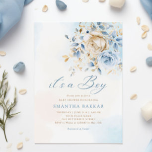 Modern Boho Blue Watercolor Floral Boy Baby Shower Invitation