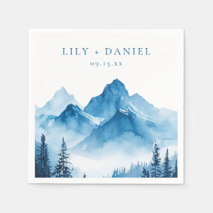 Modern Boho Blue Watercolor Mountains Wedding Napkin