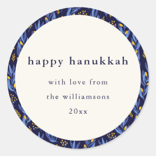 Modern Boho Blue Yellow Hanukkah Botanical Custom Classic Round Sticker
