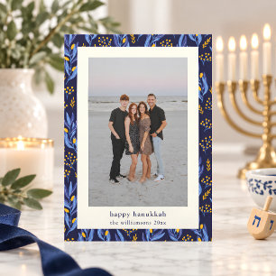 Modern Boho Blue Yellow Hanukkah Botanical Photo Holiday Card