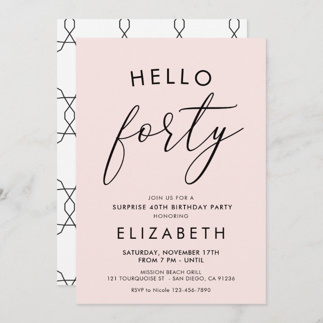 Modern Boho Blush 40th Birthday Hello forty Invitation (Front/Back)