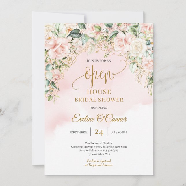 Modern Boho blush floral gold glitter Open House Invitation (Front)