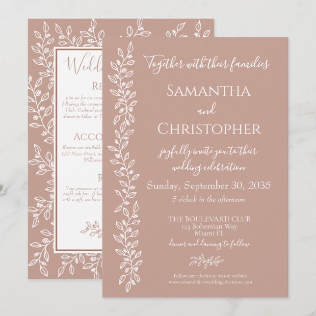 Modern Boho Blush Pink Botanical Minimal Wedding Invitation (Front/Back)
