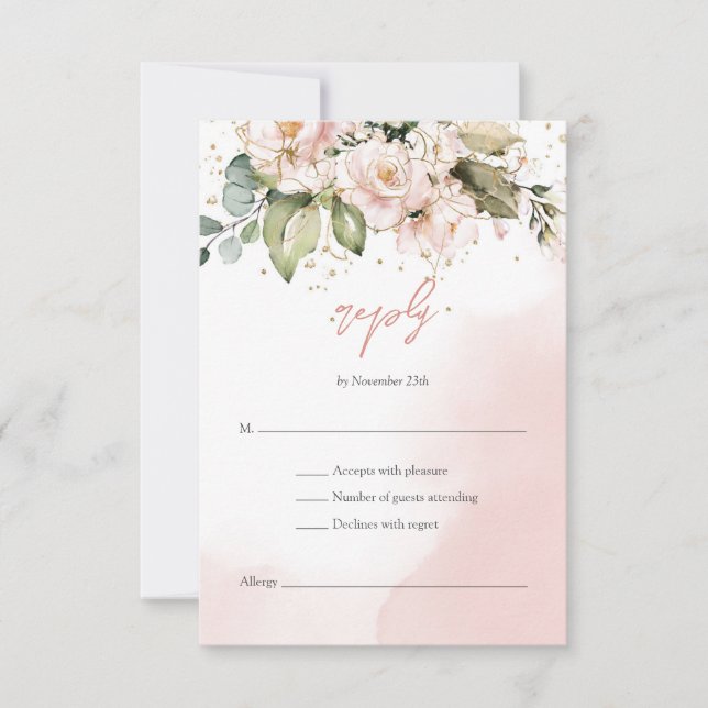 Modern Boho blush pink floral gold frame RSVP Card (Front)