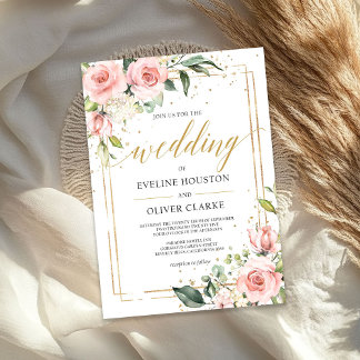 Modern Boho blush pink floral gold frame wedding Invitation