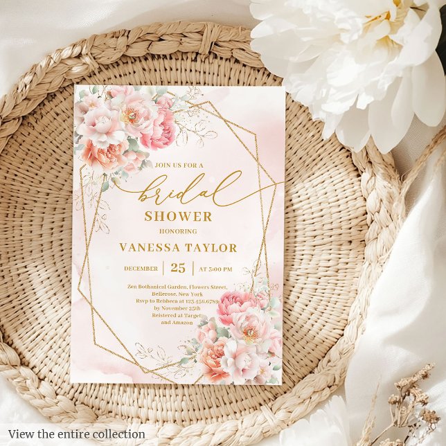 Modern Boho Blush Pink Gold Floral Bridal Shower  Invitation (Modern Boho Blush Pink Gold Floral Bridal Shower Invitation)