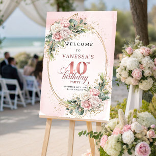 Modern Boho Blush Pink Greenery 40th Birthday Welc Poster