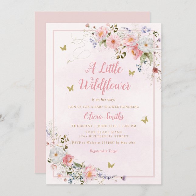 Modern Boho Blush Pink Wildflower Girl Baby Shower Invitation (Front/Back)
