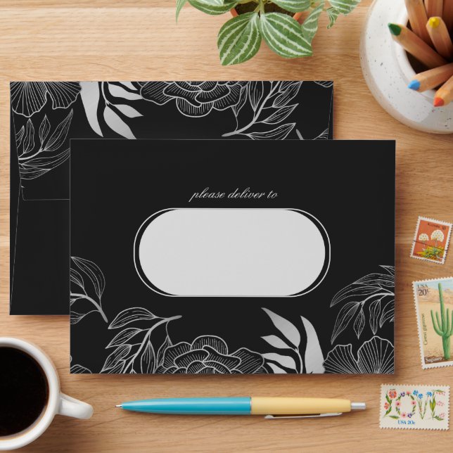 Modern Boho Botanical Floral Black Wedding Envelope (Desk)