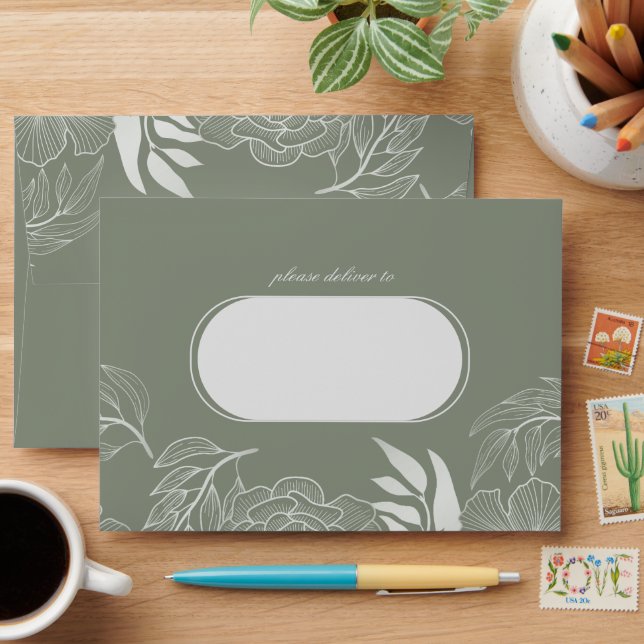 Modern Boho Botanical Floral Sage Green Wedding Envelope (Desk)