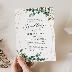 Modern Boho Botanical Greenery Gold Wedding Invitation